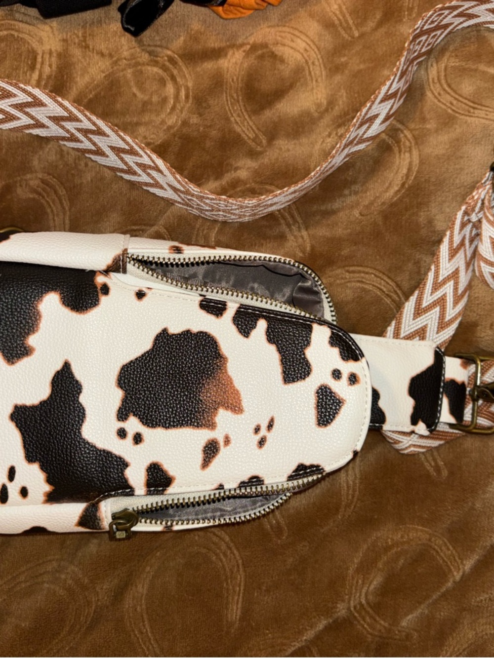 Cow Print Crossbody Belt Bag - White & Brown